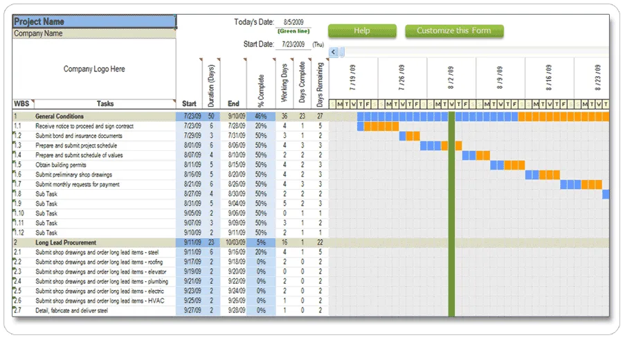 Excel Construction Schedule 7 day view